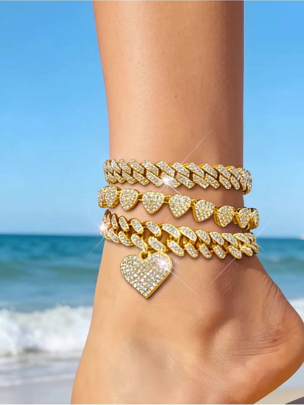 Gold Crystal Heart Anklet Set - Women Jewelry